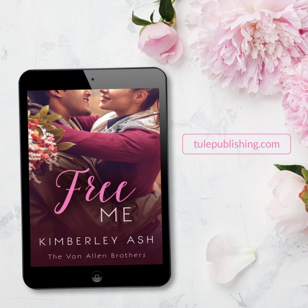 Free Me on a kindle on a white background with pale pink peonies in the corner.