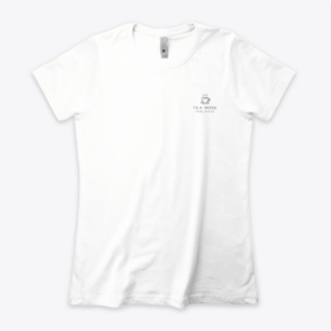 White t-shirt with Tea Rose Publishing Logo